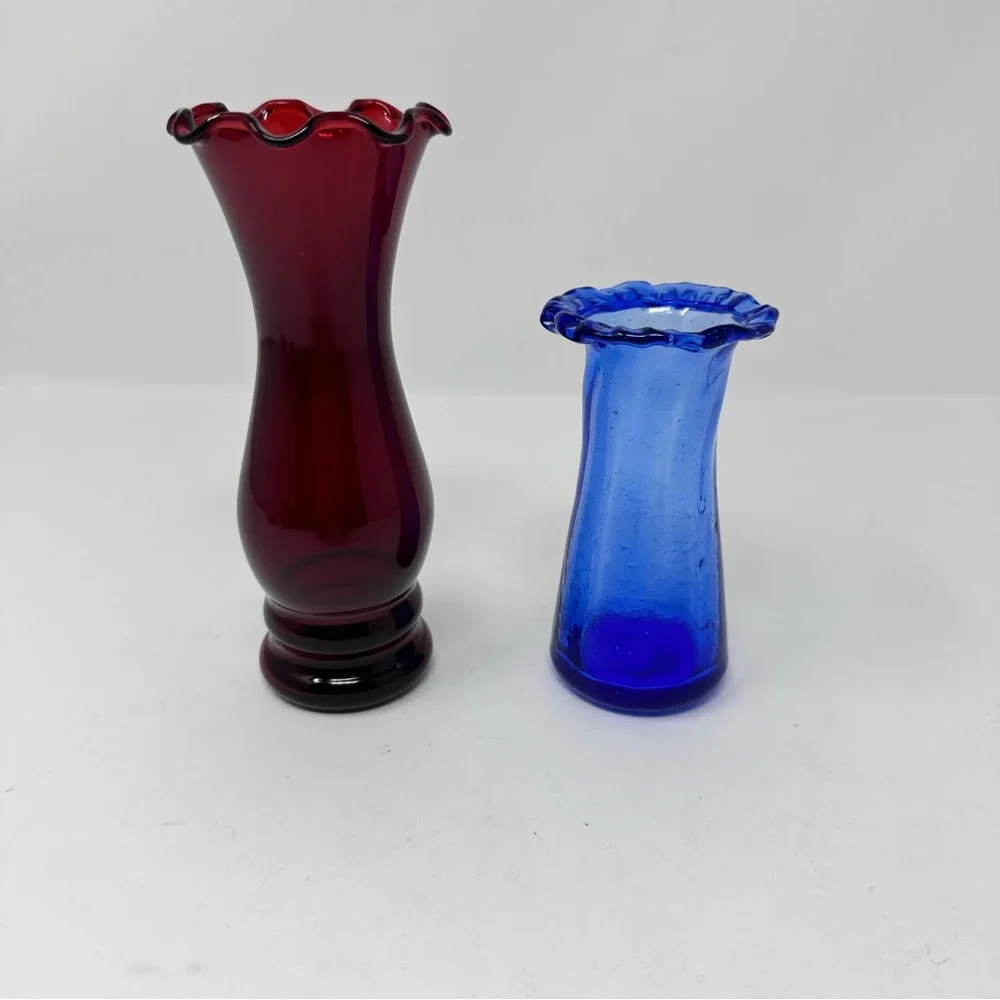 Vintage Glass Bud Vases Anchor Hocking Royal Ruby Red & Cobalt Blue Ruffled Rim